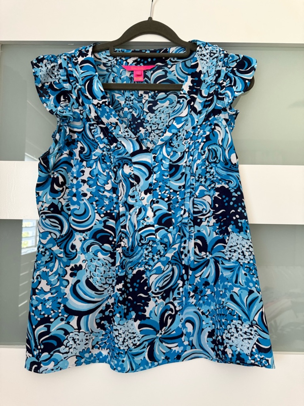 Lilly Pulitzer Blue Floral Print Ruffle Sleeve Top small